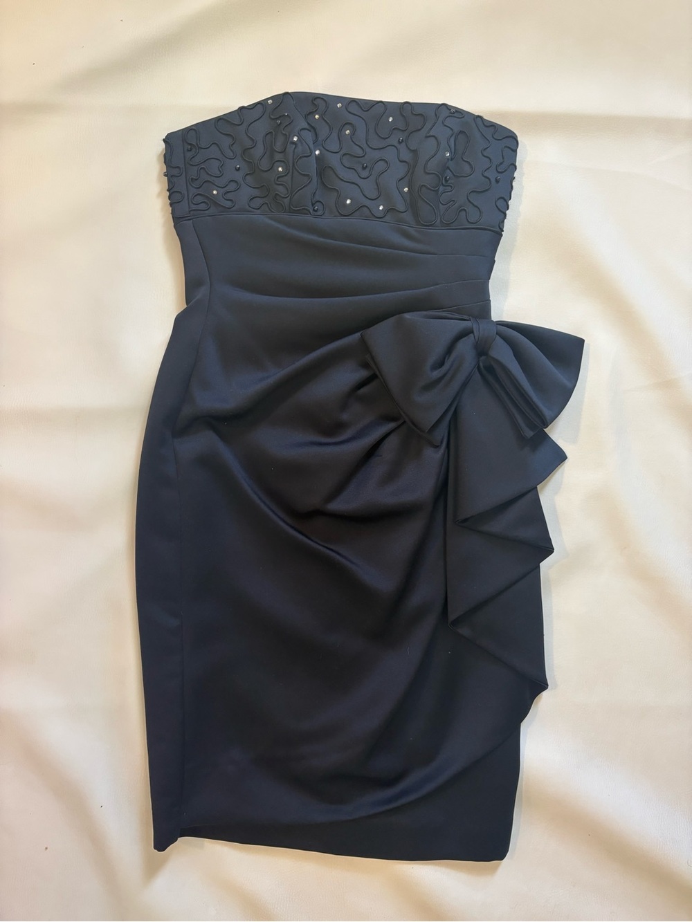 Vintage Strapless Black Bow-Accent Cocktail Dress with beaded details
